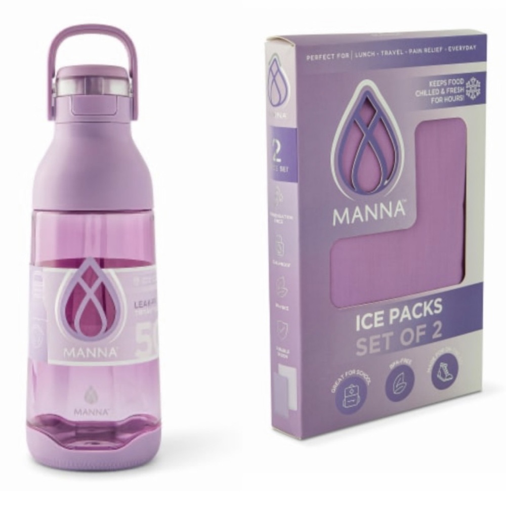 Manna® Jolt Tritan Water Bottle 50OZ/1.5L Water Bottle - Purple + Ice Pack Set 2